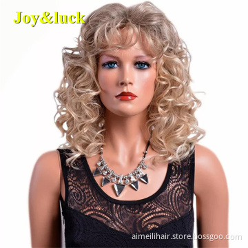Brown Ombre Blonde Women's Wig With Bangs Wholesale Price Shoulder Length Ladies Party Blond Natural Curly Synthetic Hair Wigs